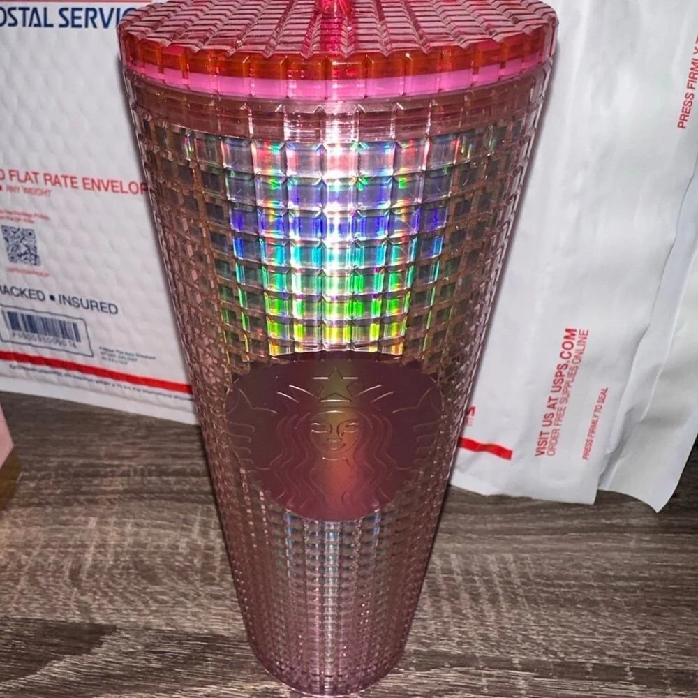 Starbucks Iridescent Pink Silver Bubblegum Grid Cold Cup‎ Tumbler